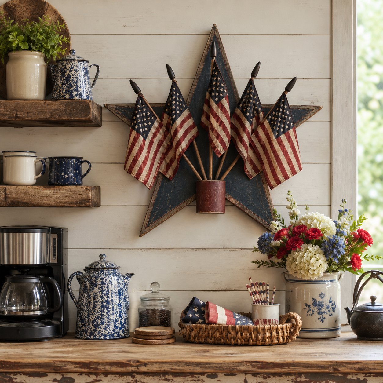 Rustic Wooden Patriotic Star Wall Decor with 5 American Flags