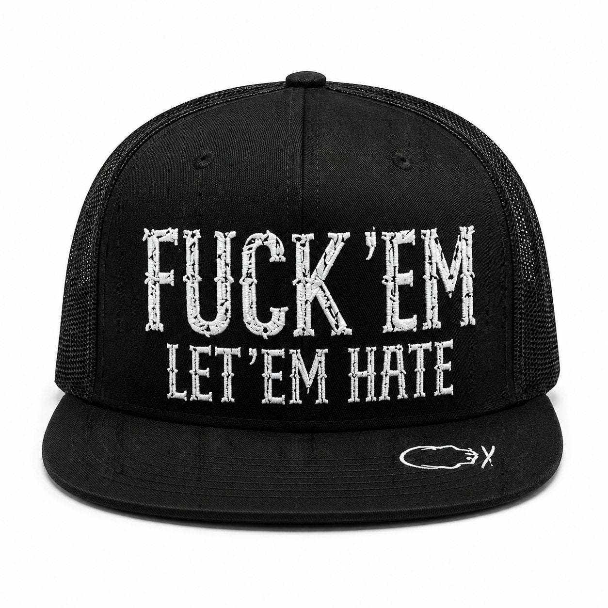 🔥LAST DAY 50% OFF - 😂🛠️"FUCK EM" LET ’EM HATE Black Snapback Hat – Bold Side Print Mesh Trucker Cap, Flat Bill Streetwear Hat for Men & Women🧢
