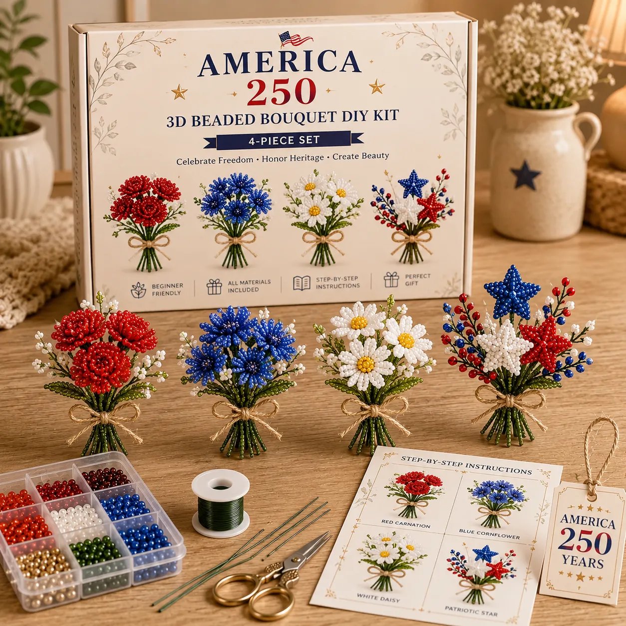 🔥LAST DAY 49% OFF-America 250 Beaded Bouquet DIY Kit – Limited Edition Patriotic Craft Collection