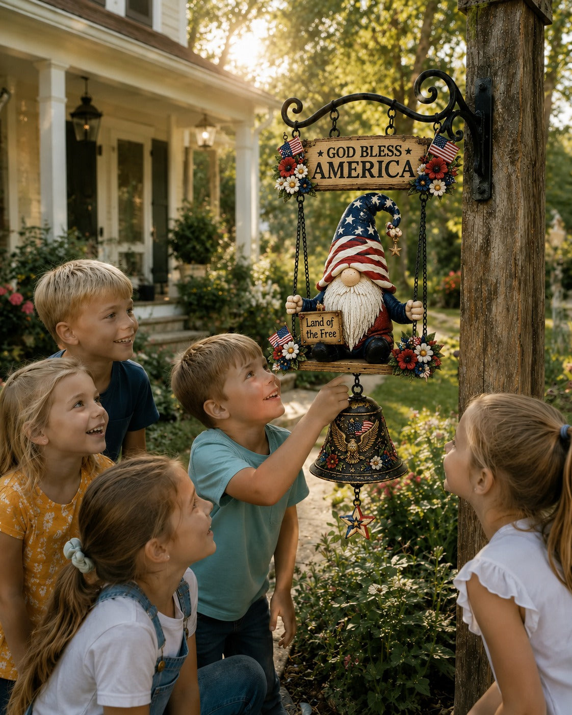 Patriotic Gnome Welcome Bell|Americana Porch & Garden Hanging Decor
