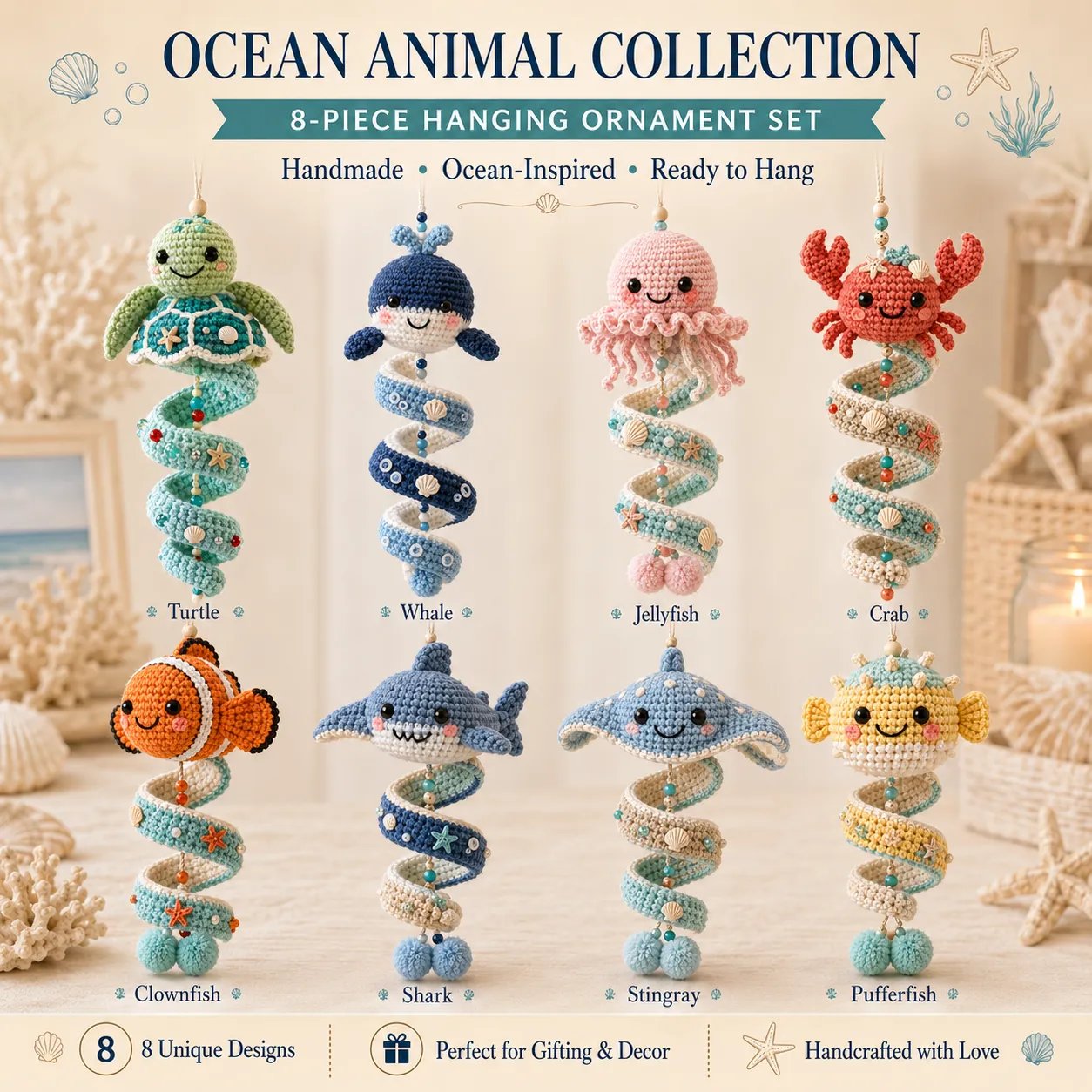 ⏳ Last Day 49% OFF – 🌊 Beginner-Friendly Ocean Animal Spiral Crochet Hanging Ornament Kit | Complete Kit with All Tools & Step-by-Step Guide Included 💕