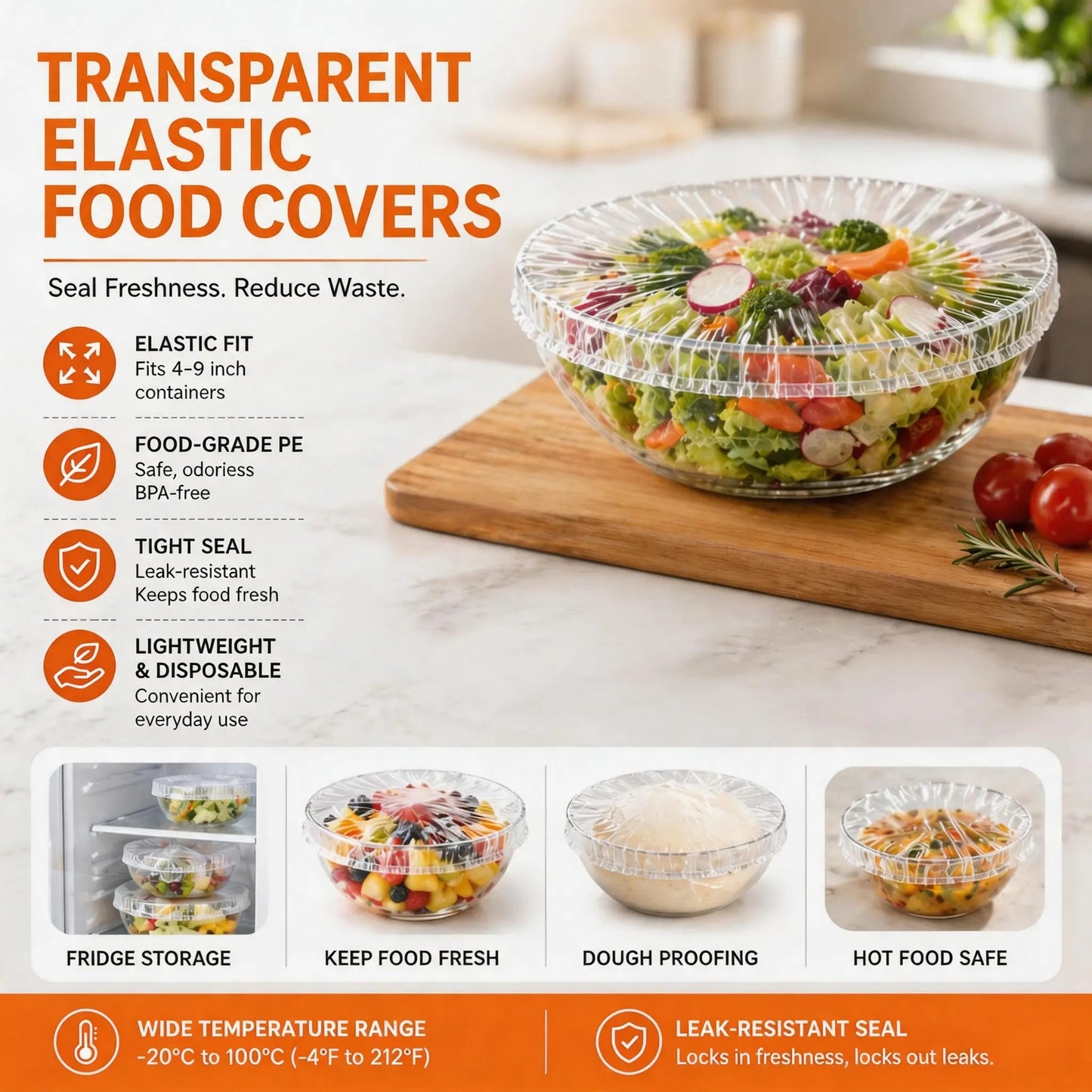 100PCS Plastic Bowl Covers – Elastic Reusable Food Wrap