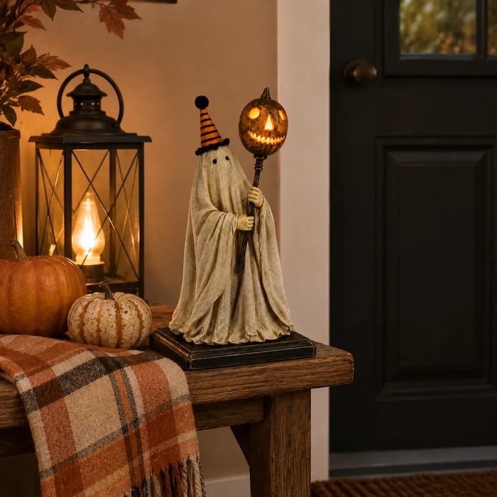 🏆Limited Time Sale 49% OFF Lighted Vintage Ghost Figurine with Glowing Pumpkin Staff 👻💡