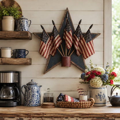 Rustic Wooden Patriotic Star Wall Decor with 5 American Flags