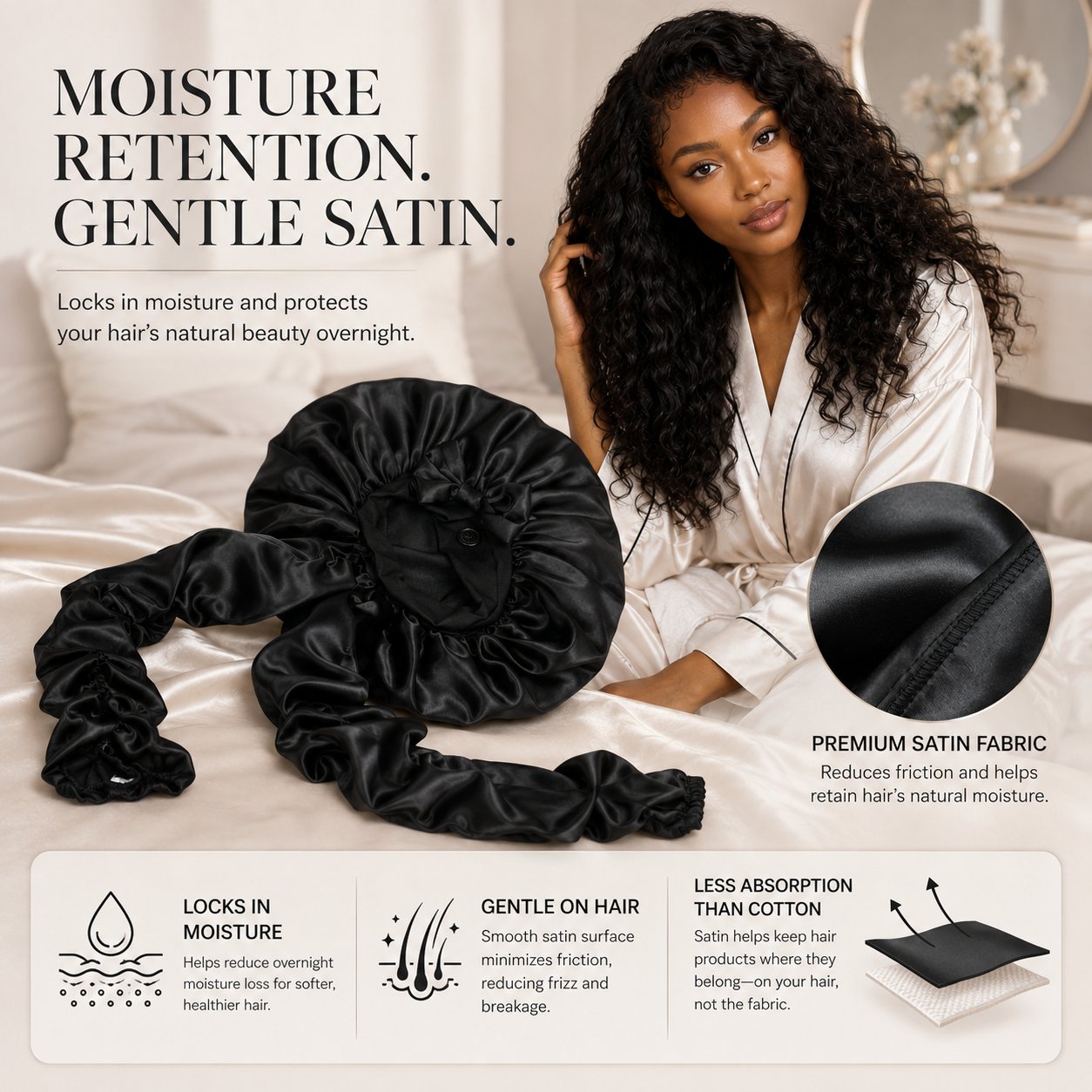 Satin/Silk Bonnet for Long Curly Hair