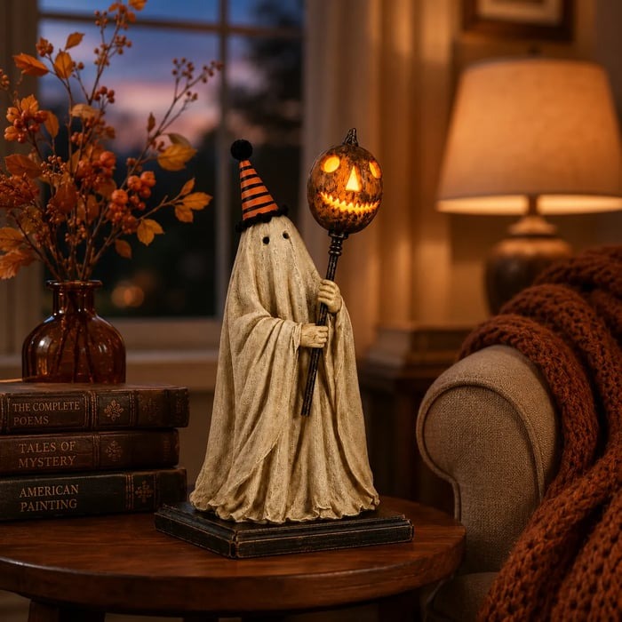 🏆Limited Time Sale 49% OFF Lighted Vintage Ghost Figurine with Glowing Pumpkin Staff 👻💡
