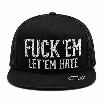🔥LAST DAY 50% OFF - 😂🛠️"FUCK EM" LET ’EM HATE Black Snapback Hat – Bold Side Print Mesh Trucker Cap, Flat Bill Streetwear Hat for Men & Women🧢