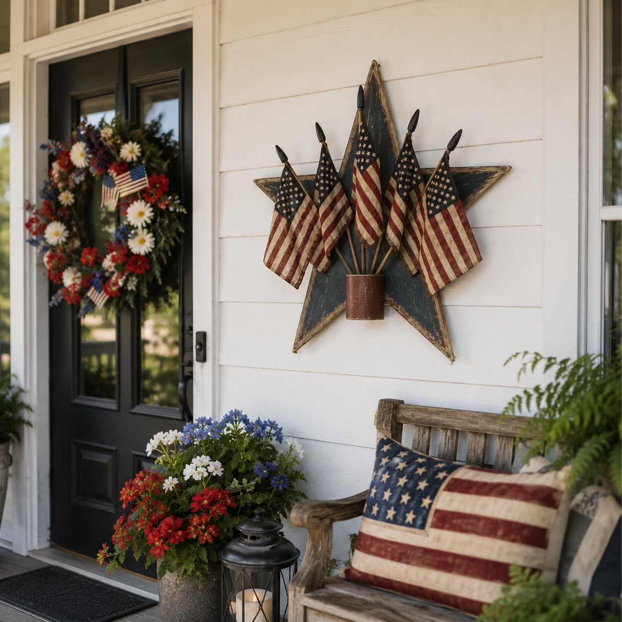 Rustic Wooden Patriotic Star Wall Decor with 5 American Flags