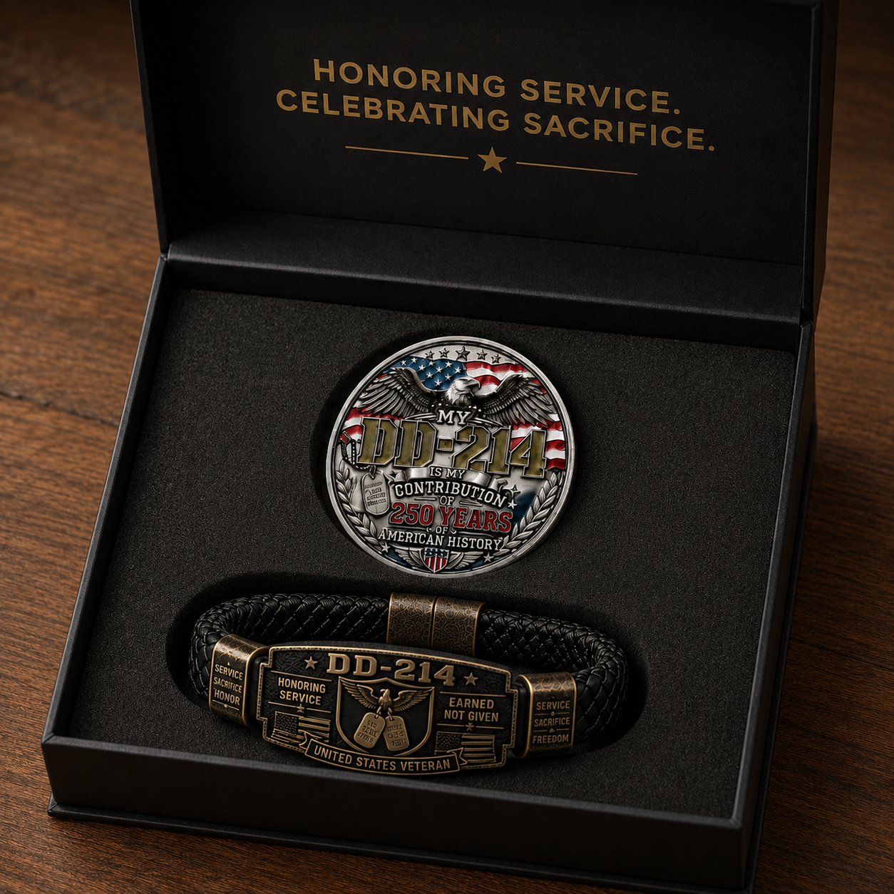 🔥Today Only: FREE Collector Coin🔥| DD-214 Veteran Honor 3-Piece Gift Set – Embroidered Cap, Coin & Bracelet