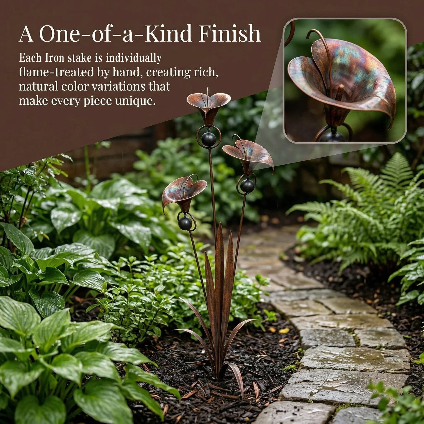 🏡Flamed Copper Three Calla Lilies Garden Stake with Bells