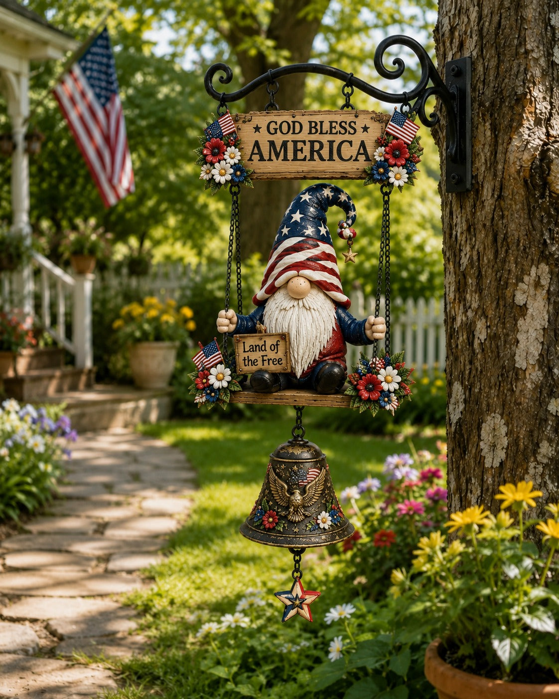 Patriotic Gnome Welcome Bell｜Americana Porch & Garden Hanging Decor