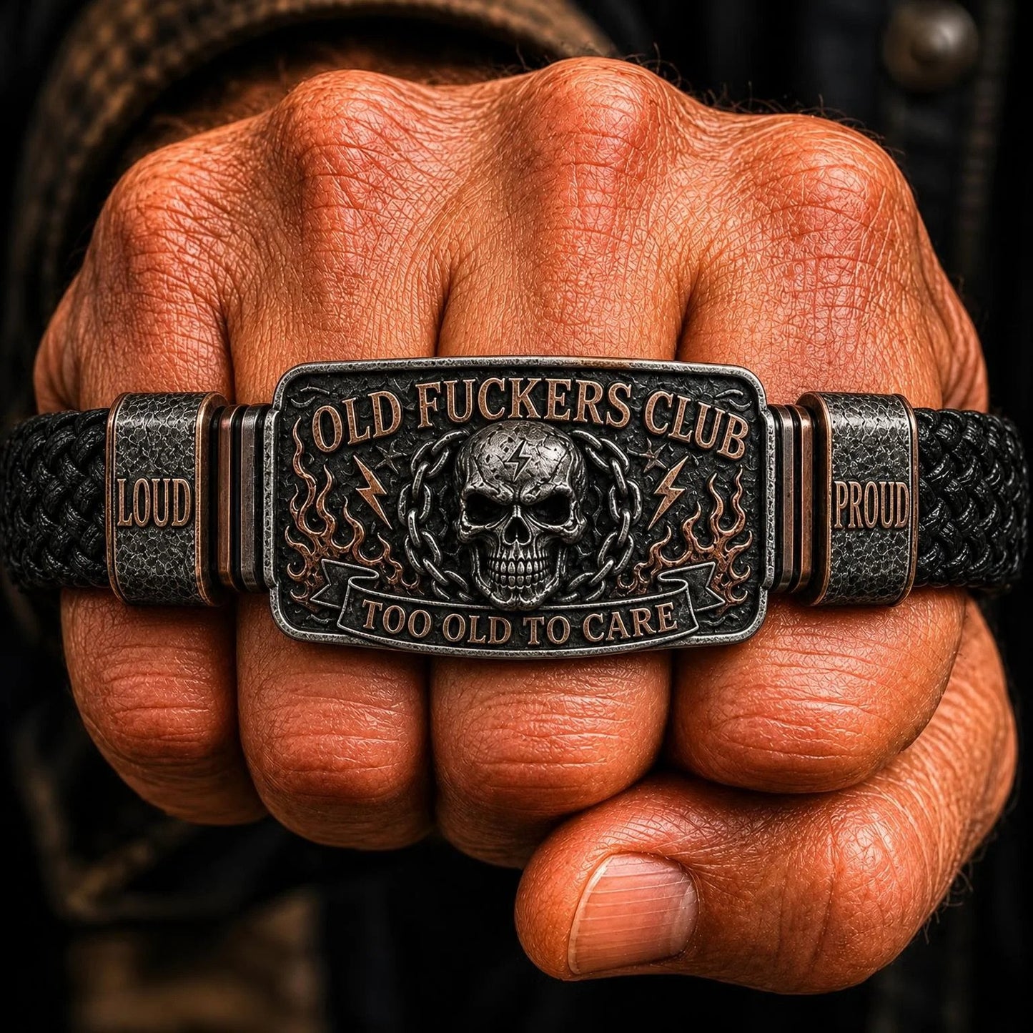 🔥LAST DAY 50% OFF - 💀Old Fuckers Club Men's Vintage Skull Flame Biker Braided Bracelet Gift Set