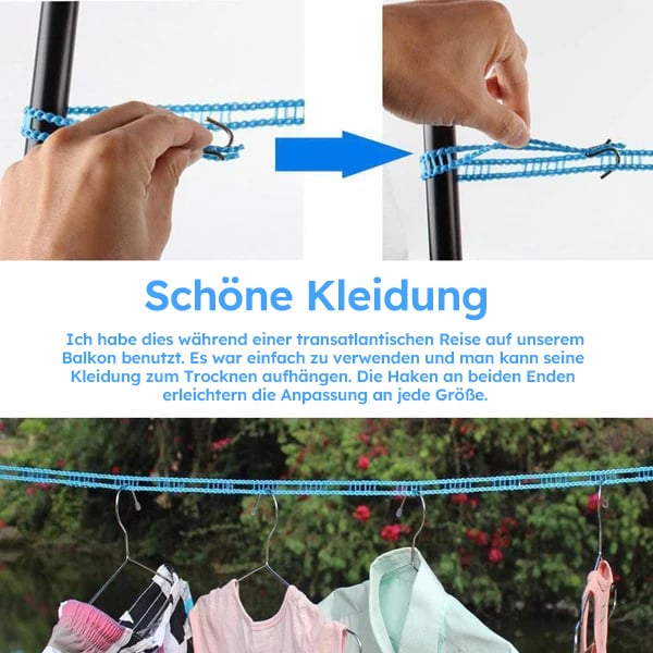 Verstellbare windfeste Wäscheleine mit Haken – Robuste mobile Wäscheleine für Reisen, Camping, Garten & Zuhause