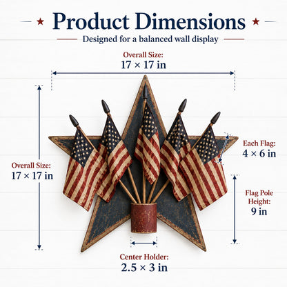 Rustic Wooden Patriotic Star Wall Decor with 5 American Flags