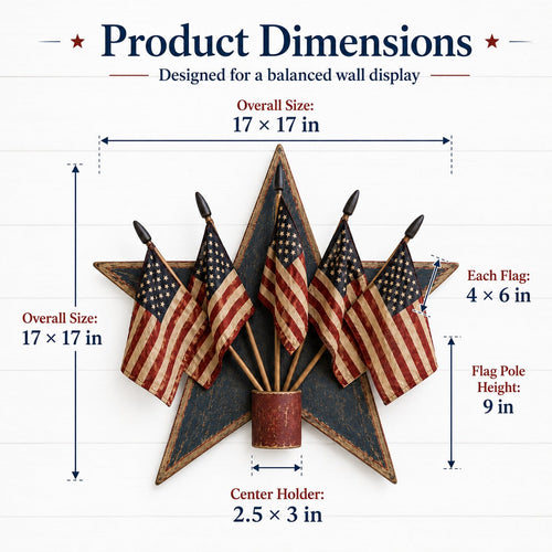Rustic Wooden Patriotic Star Wall Decor with 5 American Flags