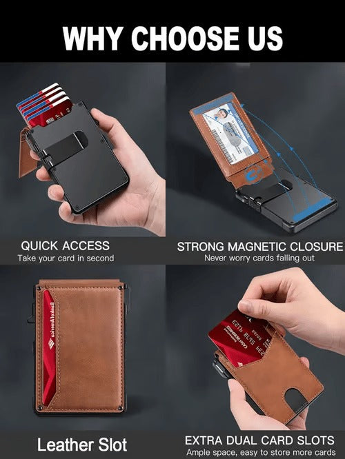 ⚡70K+ SOLD !-Wallet for Men - with Pop Up Aluminum Case Money Clip Slim Leather Slots Credit Card Holder RFID Blocking Bifold Minimalist Wallet