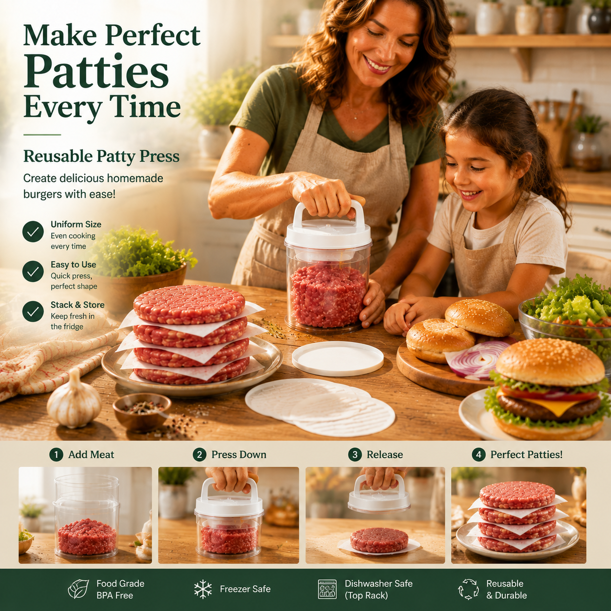 Burger Press Patty Maker Set – Make Perfect Evenly Sized Burgers at Home