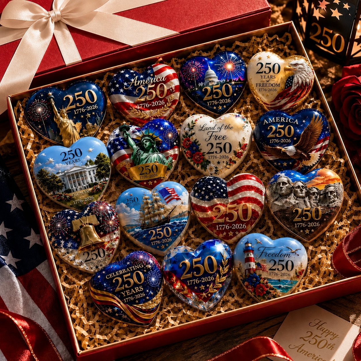 🇺🇸 America 250th Anniversary Commemorative Heart Ornament Collection | 15-Piece Patriotic Keepsake Set🎁Buy 2 Free Shipping