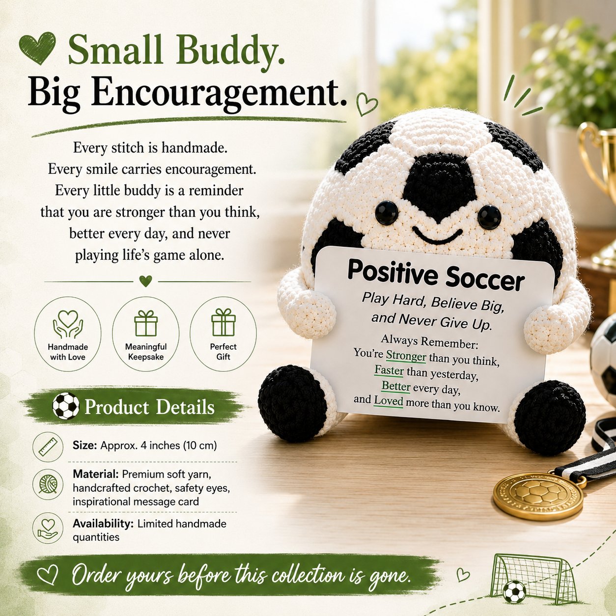 🔥Last Day: BUY 3 GET 1 FREE - ⚽ Positive Soccer Buddy|Handmade Crochet Encouragement Gift 💚