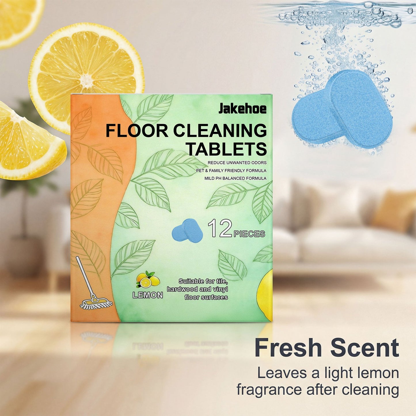 🌿🍋12pcs Floor Cleaning Solution Tablet Deep Cleans for Multiple Hard Floors