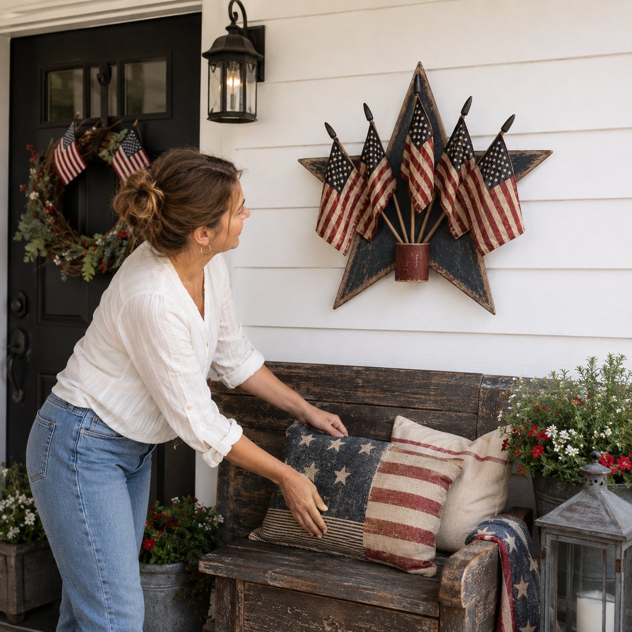 Rustic Wooden Patriotic Star Wall Decor with 5 American Flags