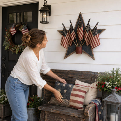 Rustic Wooden Patriotic Star Wall Decor with 5 American Flags