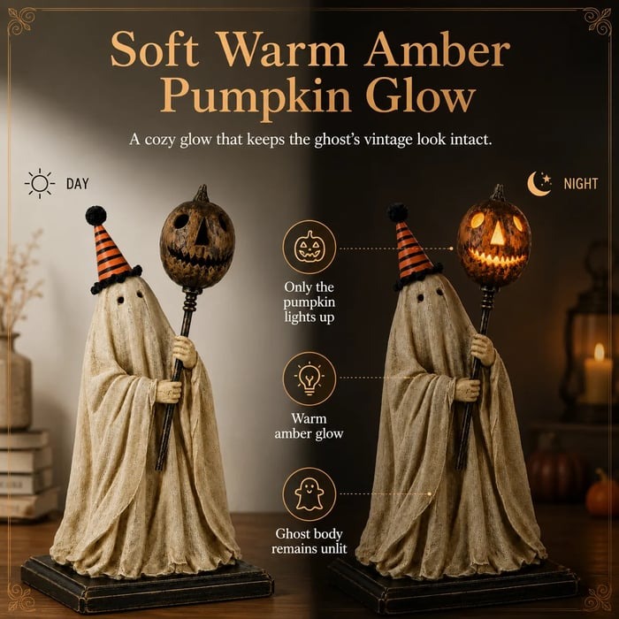 🏆Limited Time Sale 49% OFF Lighted Vintage Ghost Figurine with Glowing Pumpkin Staff 👻💡