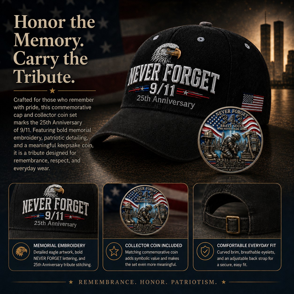 🇺🇸 9/11 Never Forget 2001–2026 Honor Cap 🎁 Free Memorial Coin With Every Cap Purchase