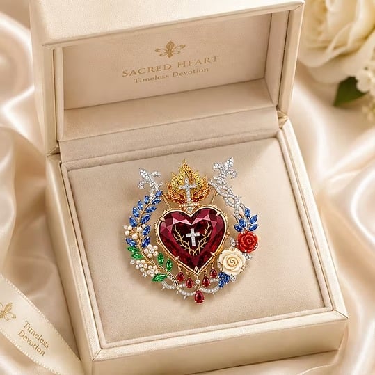❤️ Sacred Heart Floral Gemstone Brooch | Vintage Palace-Inspired Statement Pin