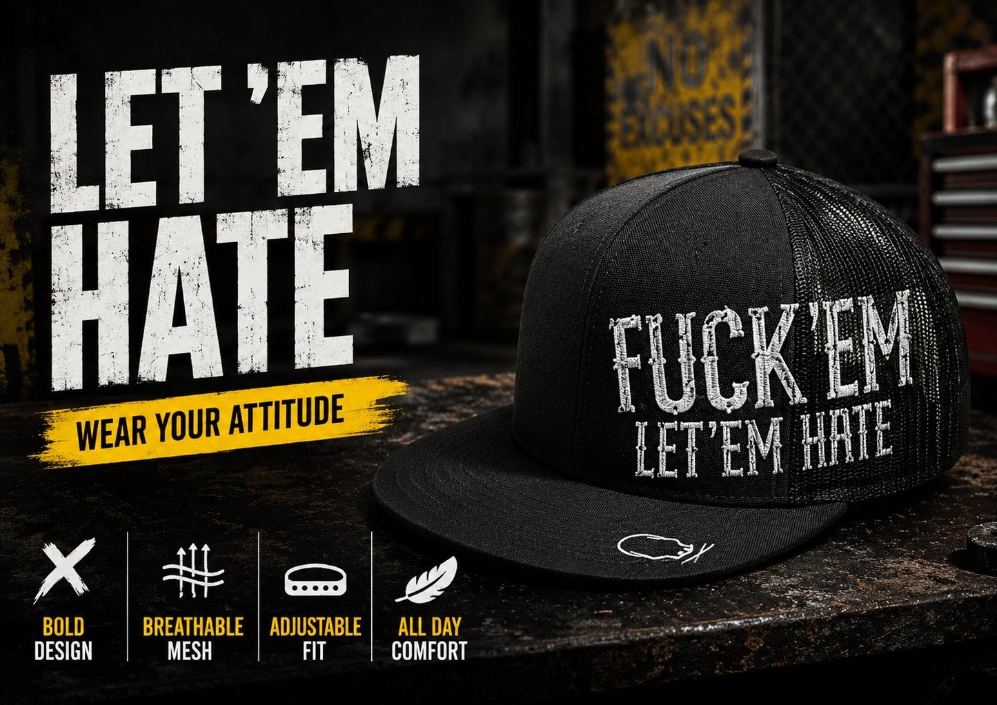 🔥LAST DAY 50% OFF - 😂🛠️"FUCK EM" LET ’EM HATE Black Snapback Hat – Bold Side Print Mesh Trucker Cap, Flat Bill Streetwear Hat for Men & Women🧢