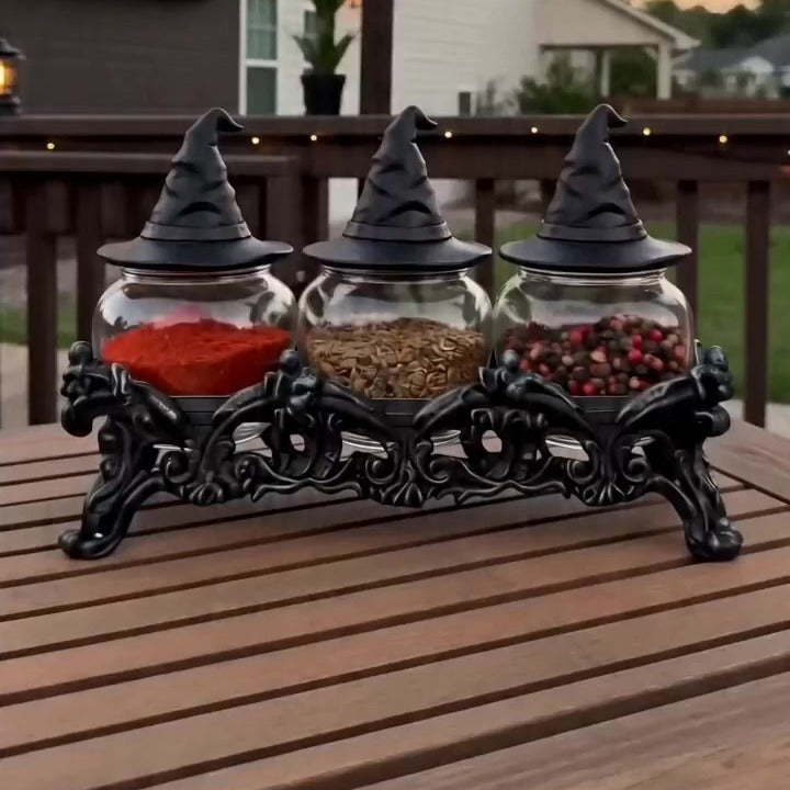 🧙‍♀️ Witch Hat Candy & Spice Jar Set with Gothic Cast Iron Stand - 3-Jar Halloween Centerpiece & Year-Round Kitchen Organizer 🎃
