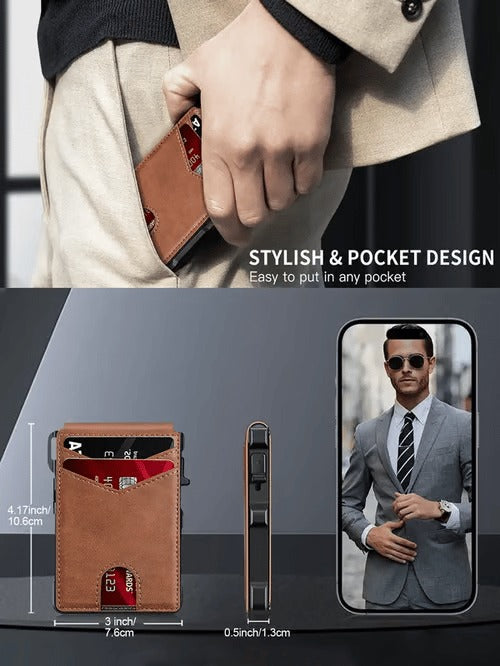 ⚡70K+ SOLD !-Wallet for Men - with Pop Up Aluminum Case Money Clip Slim Leather Slots Credit Card Holder RFID Blocking Bifold Minimalist Wallet
