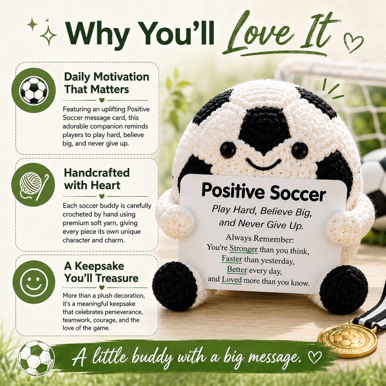 🔥Last Day: BUY 3 GET 1 FREE - ⚽ Positive Soccer Buddy|Handmade Crochet Encouragement Gift 💚