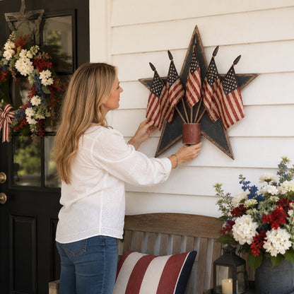 Rustic Wooden Patriotic Star Wall Decor with 5 American Flags