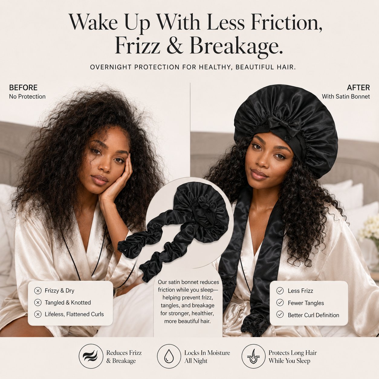 Satin/Silk Bonnet for Long Curly Hair