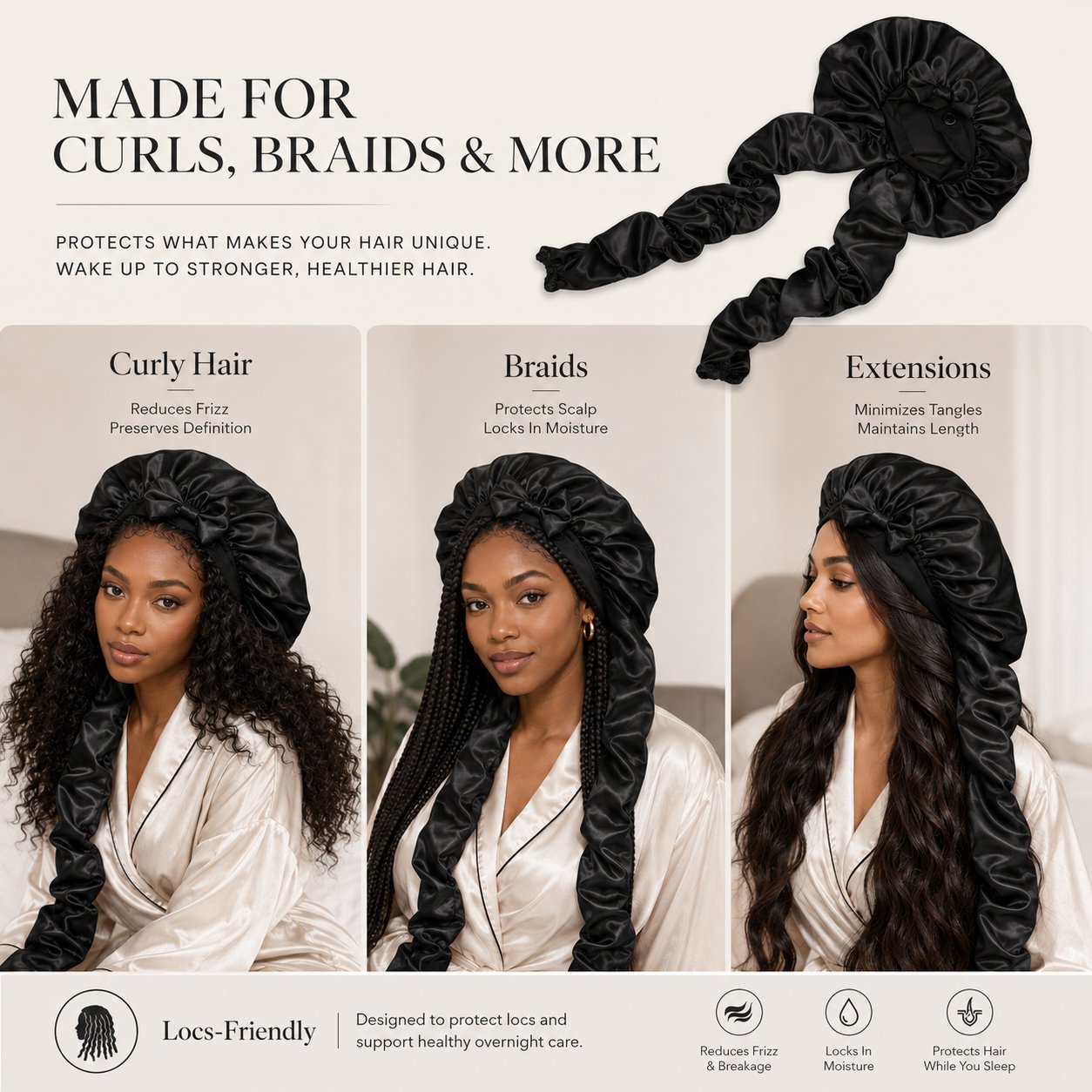 Satin/Silk Bonnet for Long Curly Hair