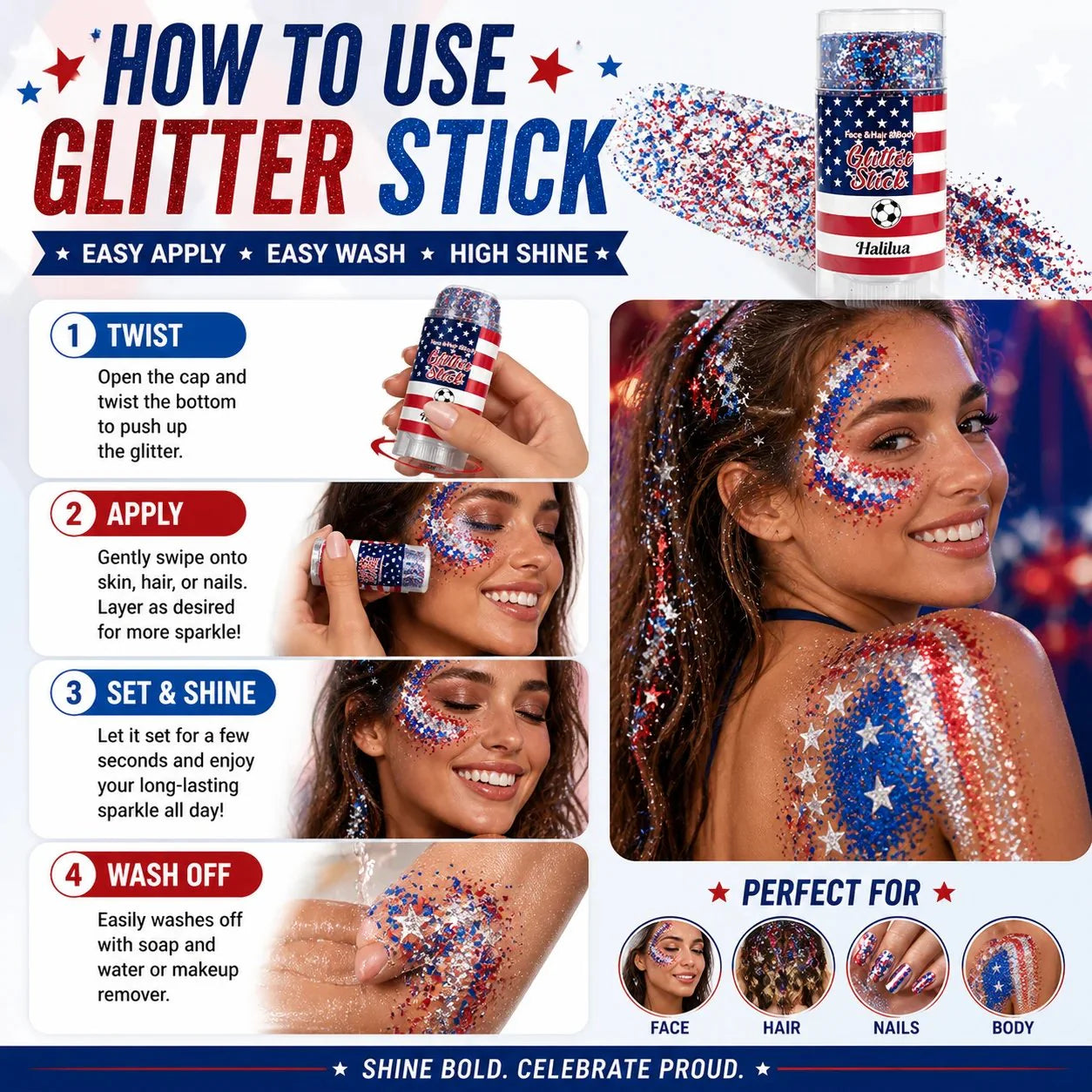 🎁LAST DAY 50% OFF-🦅4th of July Glitter Stick✨🔔Red, White & Blue Body & Hair Sparkle