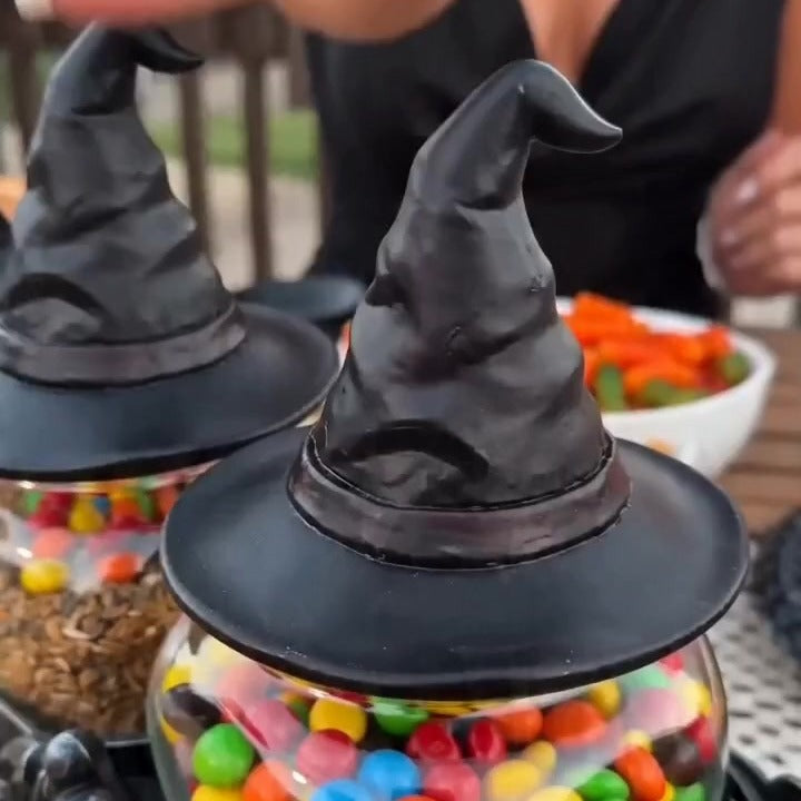 🧙‍♀️ Witch Hat Candy & Spice Jar Set with Gothic Cast Iron Stand - 3-Jar Halloween Centerpiece & Year-Round Kitchen Organizer 🎃