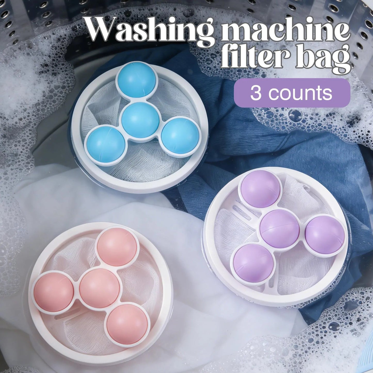 3 Counts Washing Machine Filter Bag, Reusable Floating Hair Filter for Laundry Washer Cotton