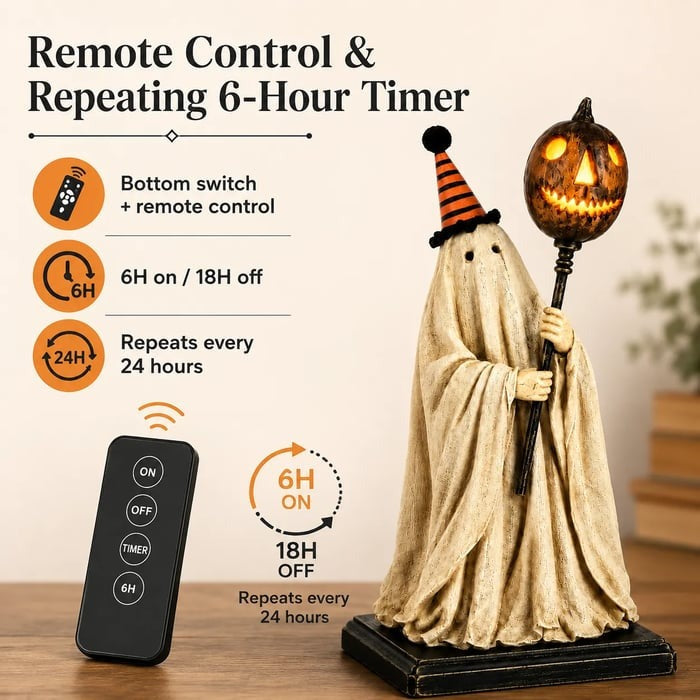 🏆Limited Time Sale 49% OFF Lighted Vintage Ghost Figurine with Glowing Pumpkin Staff 👻💡