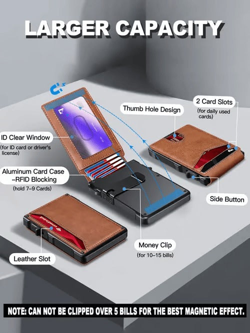 ⚡70K+ SOLD !-Wallet for Men - with Pop Up Aluminum Case Money Clip Slim Leather Slots Credit Card Holder RFID Blocking Bifold Minimalist Wallet