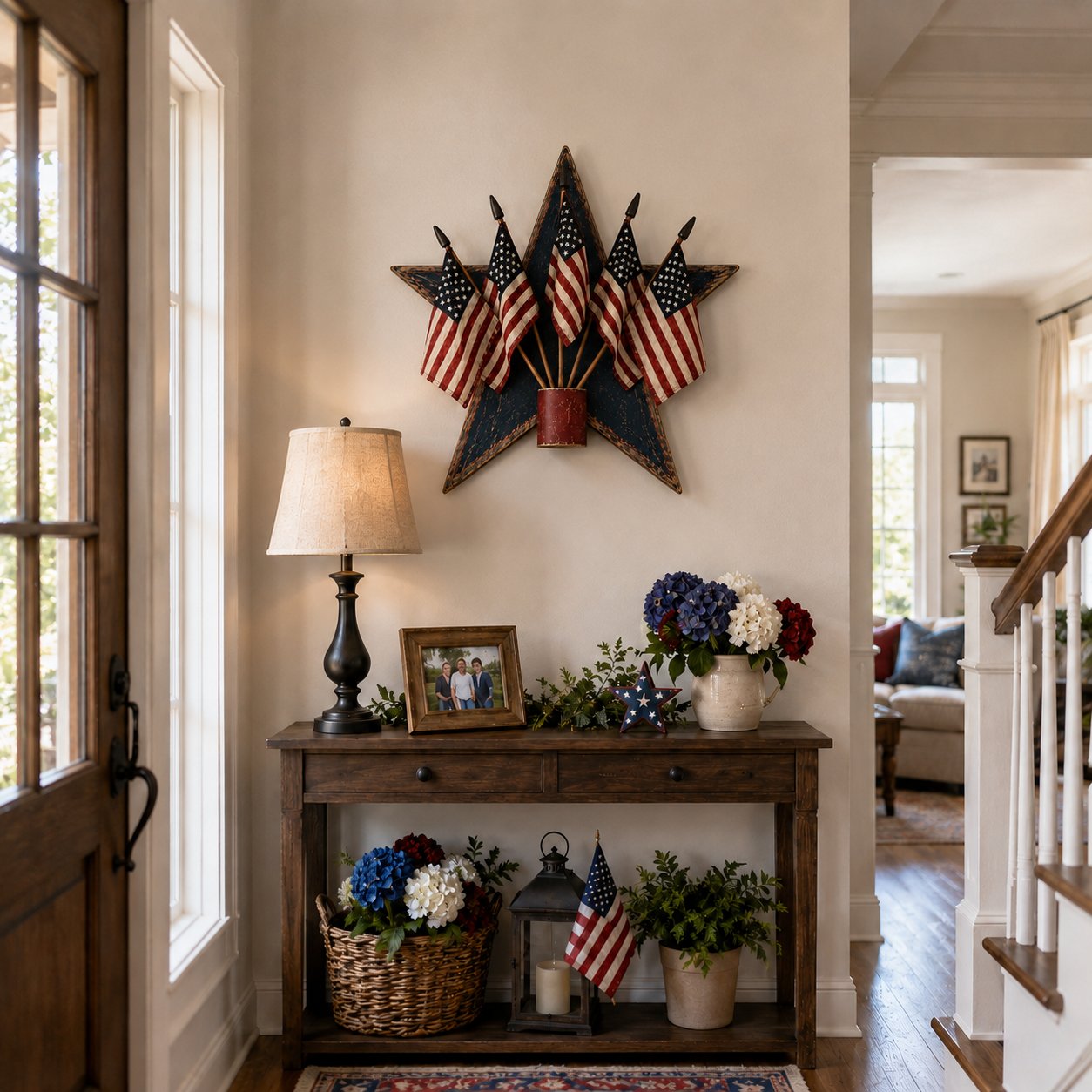 Rustic Wooden Patriotic Star Wall Decor with 5 American Flags