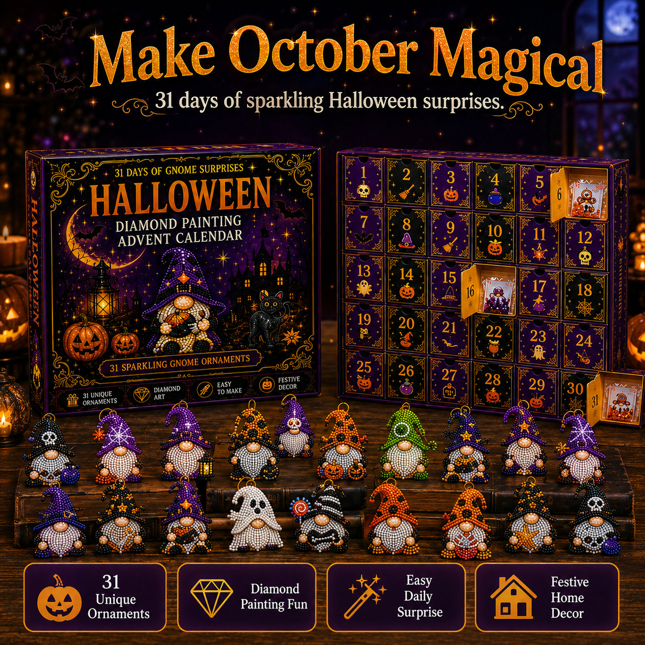 🎉✨ 31 Days of Gnome Surprises Halloween Diamond Painting Advent Calendar