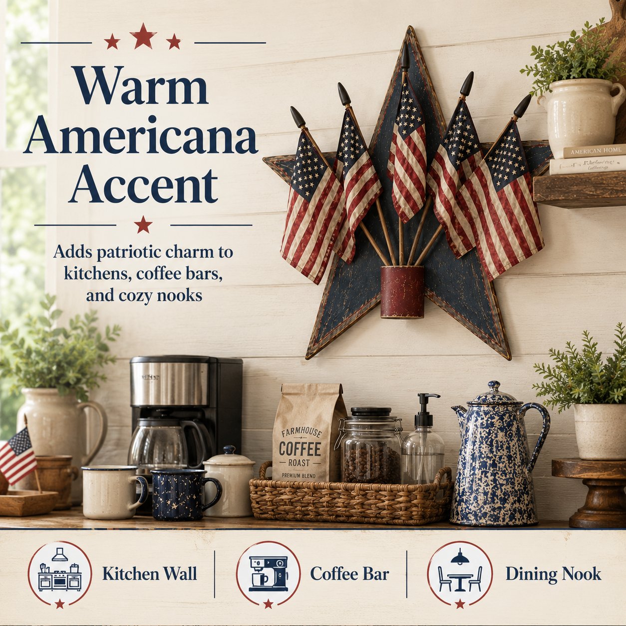 Rustic Wooden Patriotic Star Wall Decor with 5 American Flags