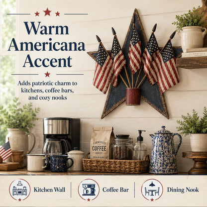 Rustic Wooden Patriotic Star Wall Decor with 5 American Flags