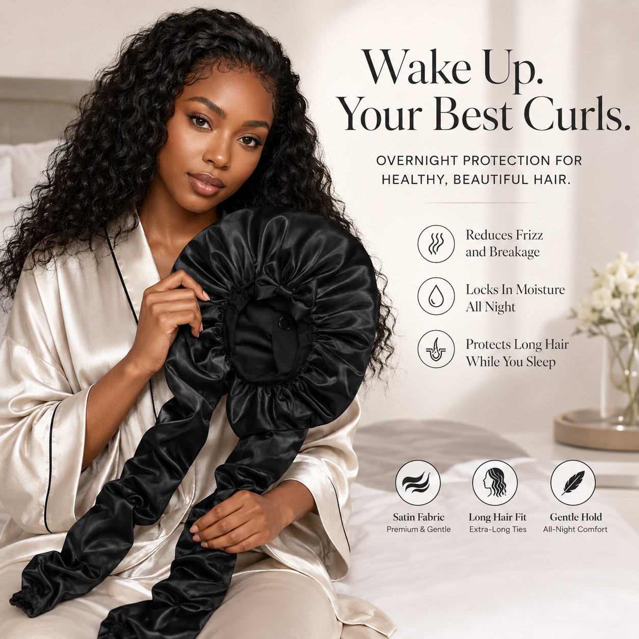 Satin/Silk Bonnet for Long Curly Hair