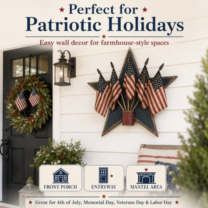 Rustic Wooden Patriotic Star Wall Decor with 5 American Flags