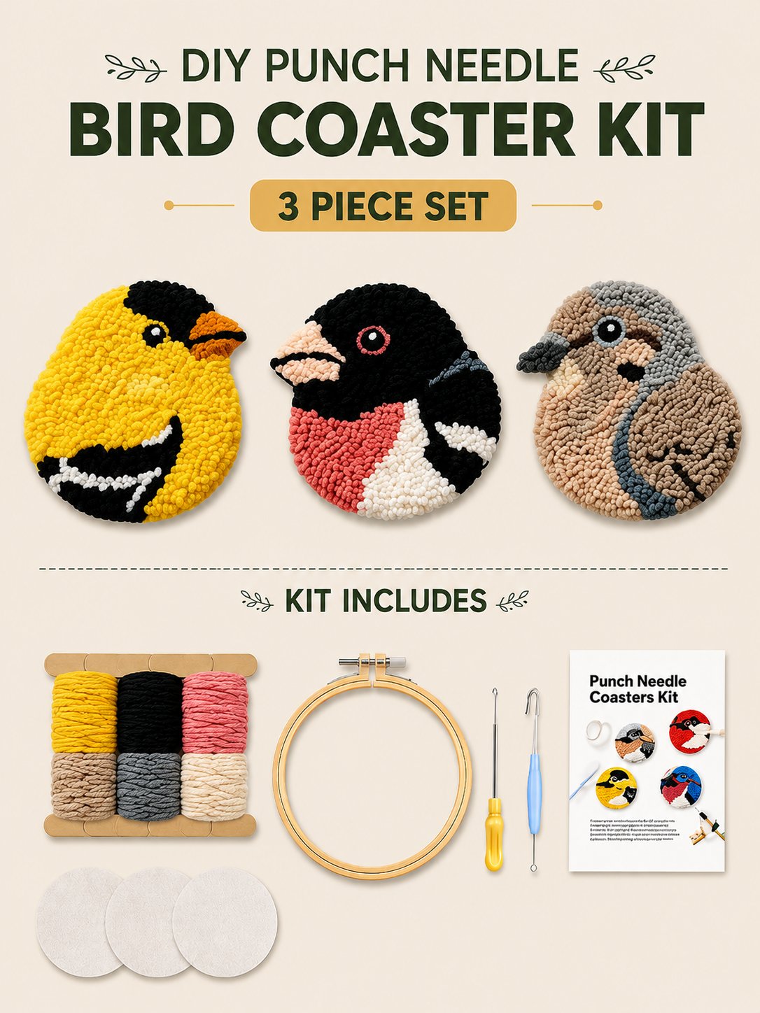 🧵Beginner-Friendly🐦DIY Bird Coasters Punch Needle Kit☕(Quick-Dry, Moisture-Proof & Easy-Clean)