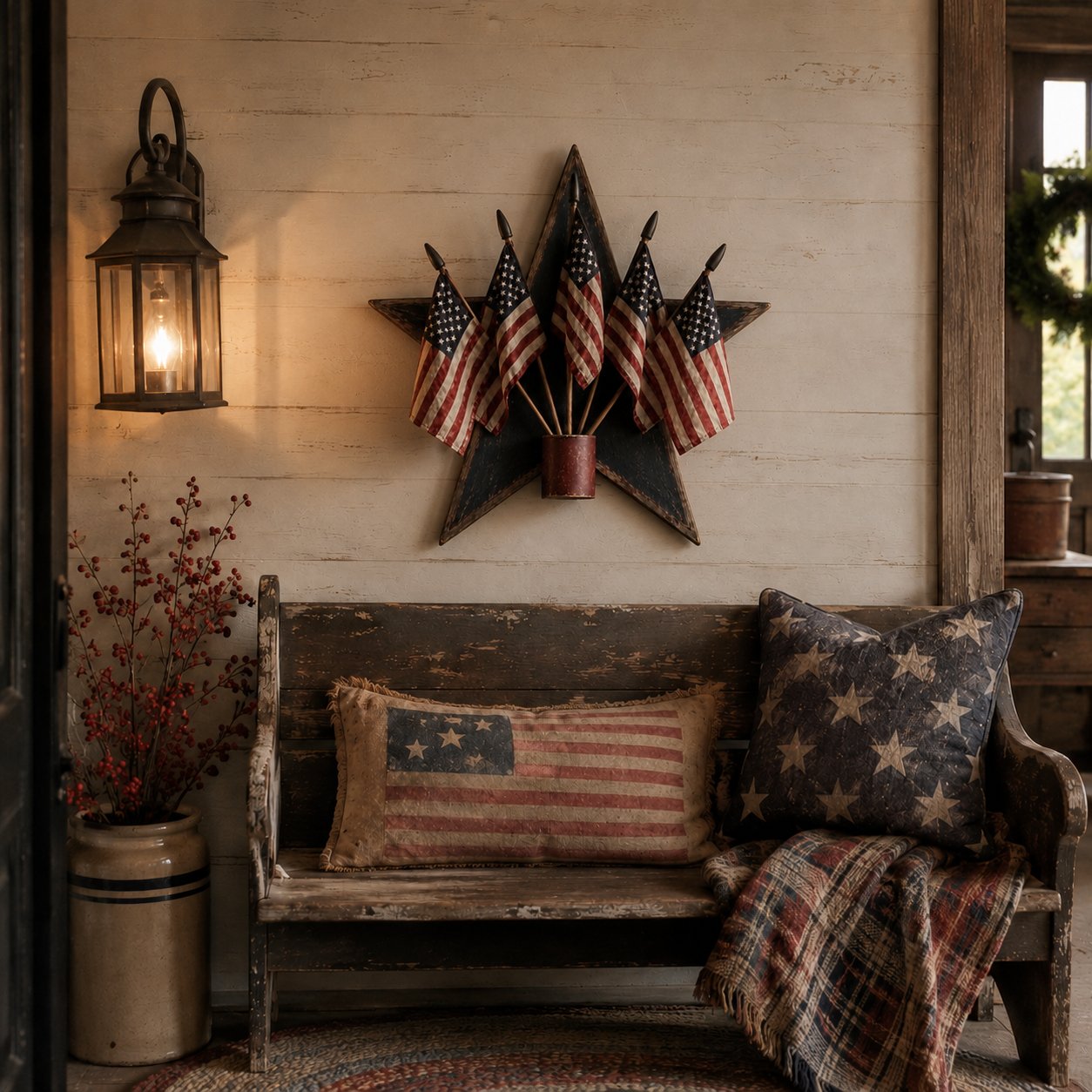Rustic Wooden Patriotic Star Wall Decor with 5 American Flags