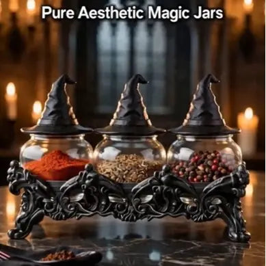 🧙‍♀️ Witch Hat Candy & Spice Jar Set with Gothic Cast Iron Stand - 3-Jar Halloween Centerpiece & Year-Round Kitchen Organizer 🎃